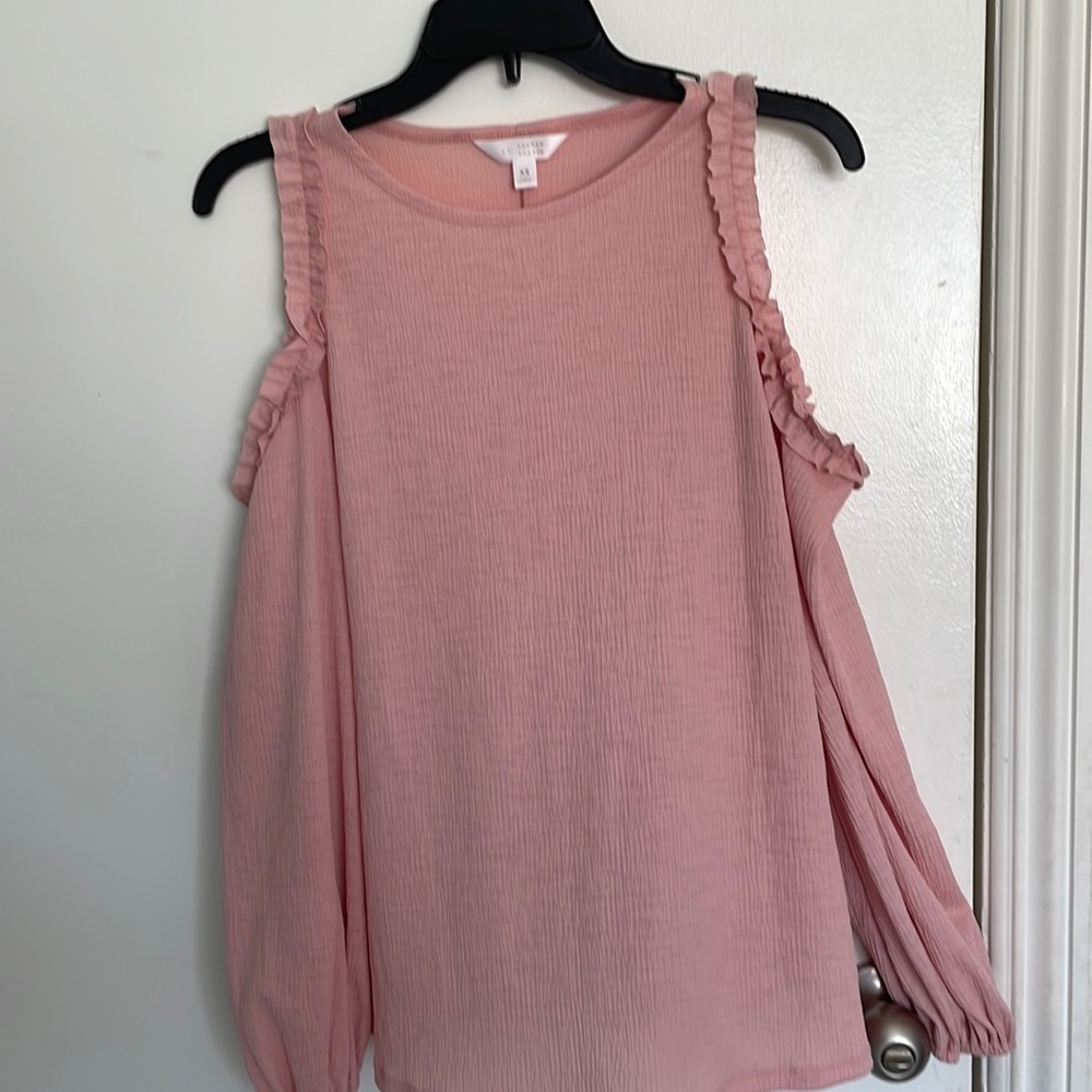 Beautiful blush pink, cold shoulder blouse.